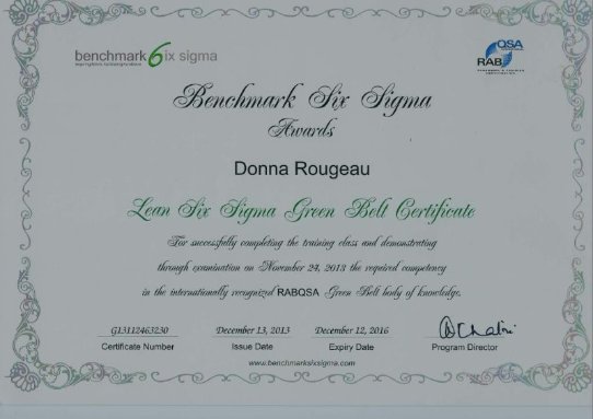 Donna's Lean Six Sigma Certificate